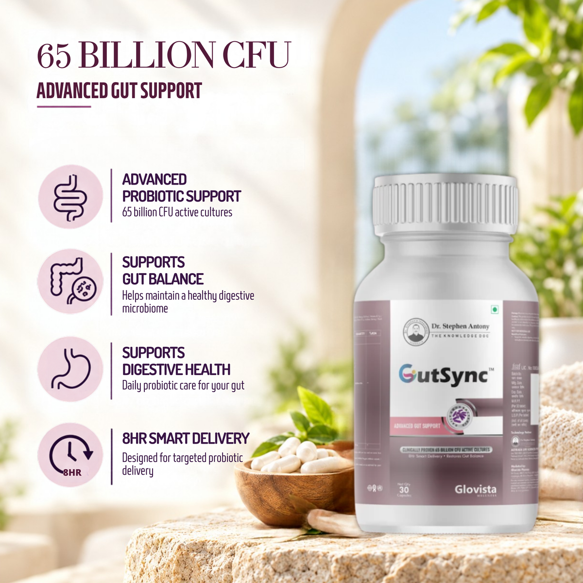 GutSync – Advanced Probiotic Gut Health Capsules 65 Billion CFU – 30 Capsules