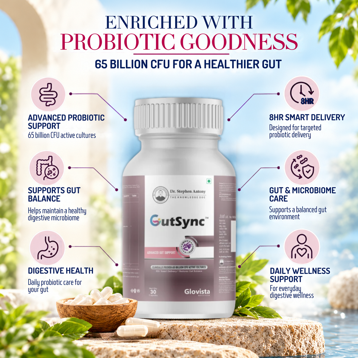 GutSync – Advanced Probiotic Gut Health Capsules 65 Billion CFU – 30 Capsules