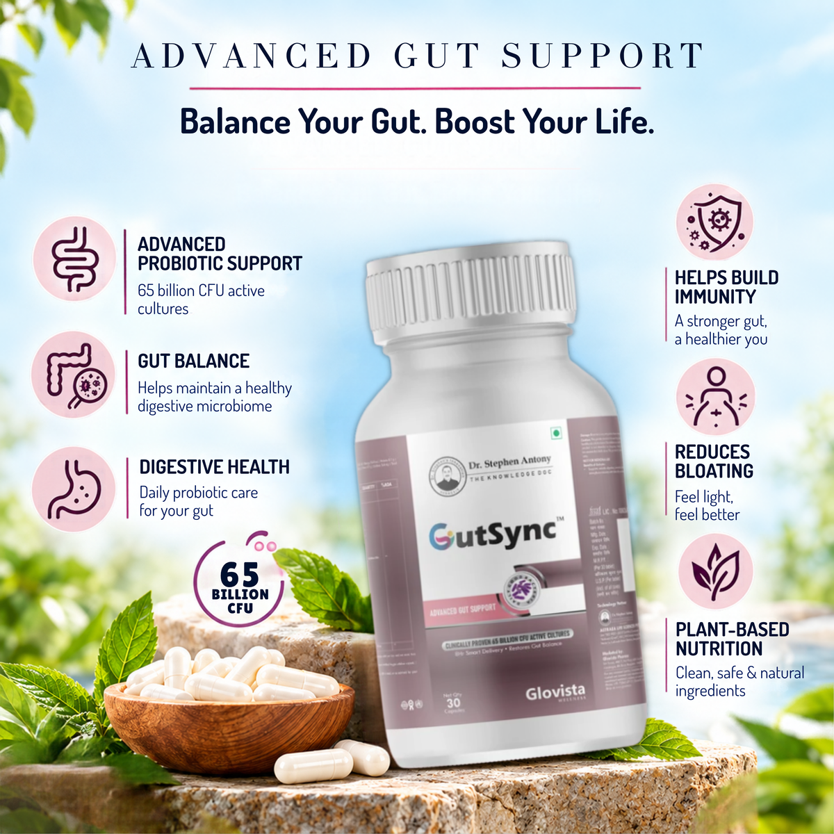 GutSync – Advanced Probiotic Gut Health Capsules 65 Billion CFU – 30 Capsules