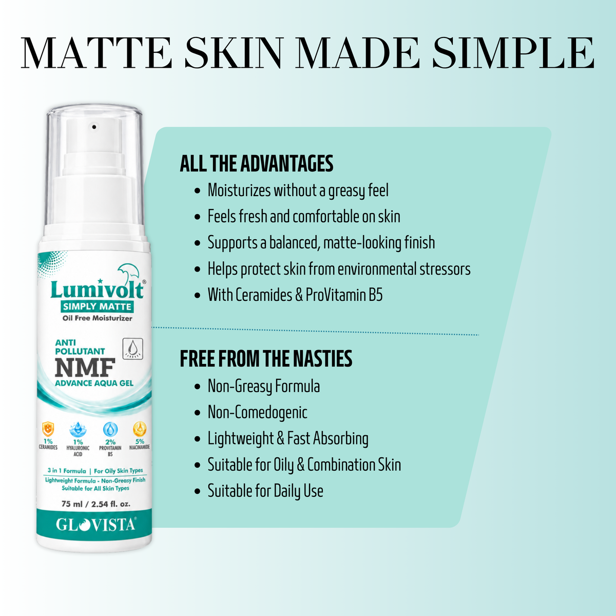 Lumivolt Simply Matte NMF Aqua Gel with 5% Niacinamide - 3 in 1 Formula for Oily Skin - 75ml
