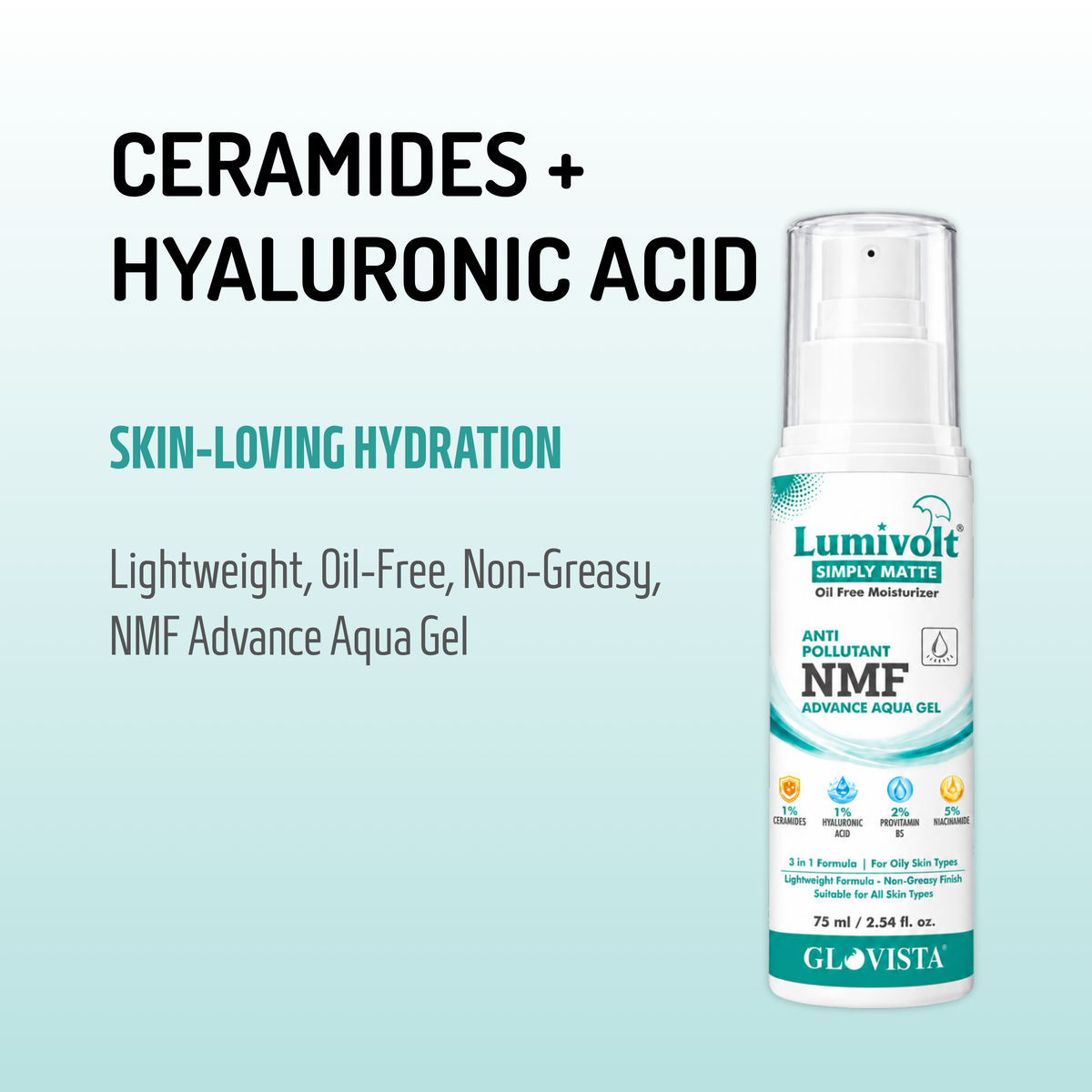 Lumivolt Simply Matte NMF Aqua Gel with 5% Niacinamide - 3 in 1 Formula for Oily Skin - 75ml
