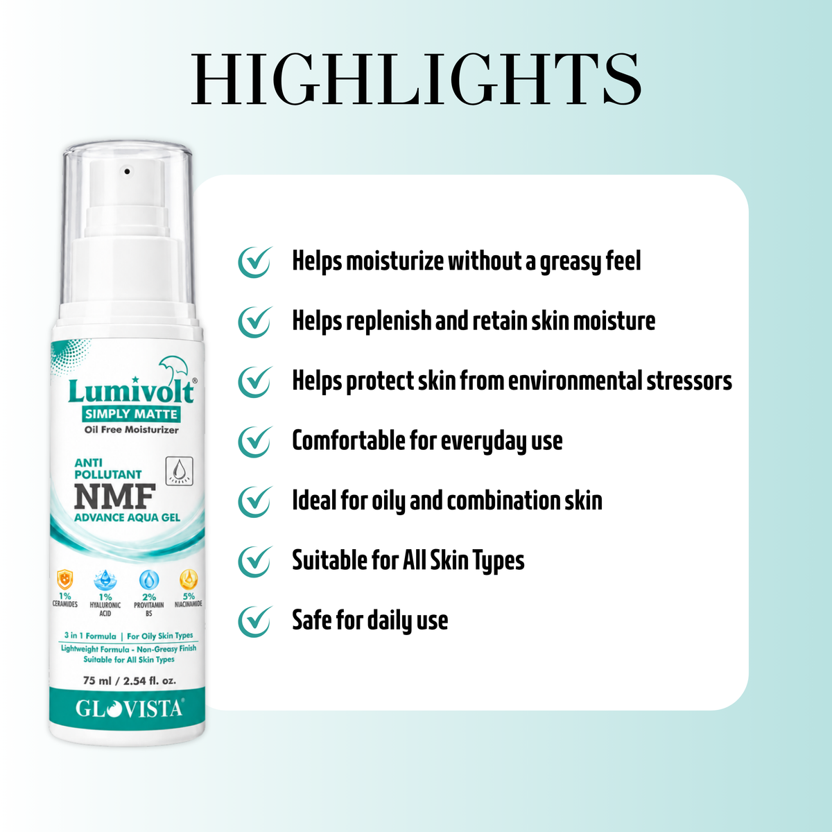 Lumivolt Simply Matte NMF Aqua Gel with 5% Niacinamide - 3 in 1 Formula for Oily Skin - 75ml