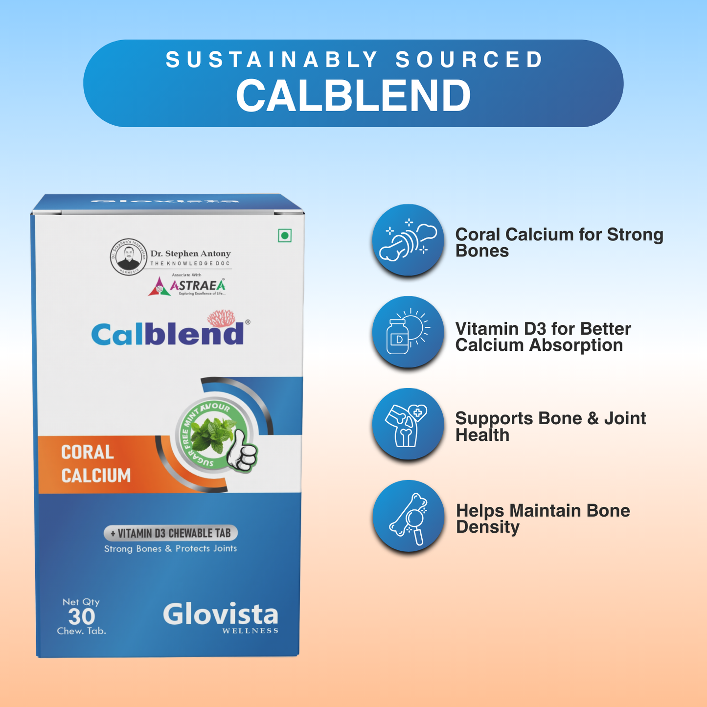 Calblend – Coral Calcium + Vitamin D3 Chewable Calcium Tablets – 30 Chewable Tablets